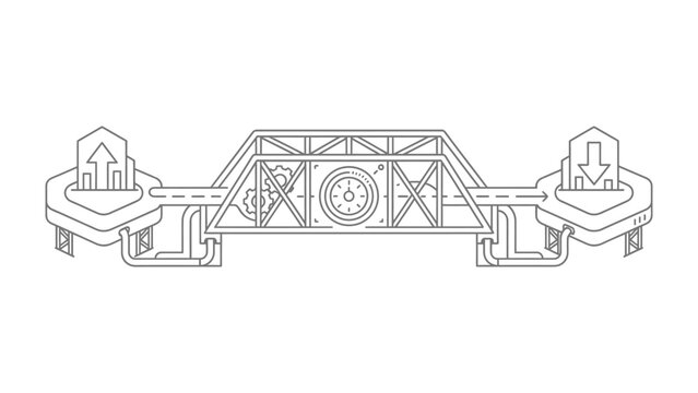Abstract Industrial Bridge Concept: A stylized, line-art illustration depicting a futuristic bridge structure with an integrated central mechanism, symbolizing flow and connectivity.