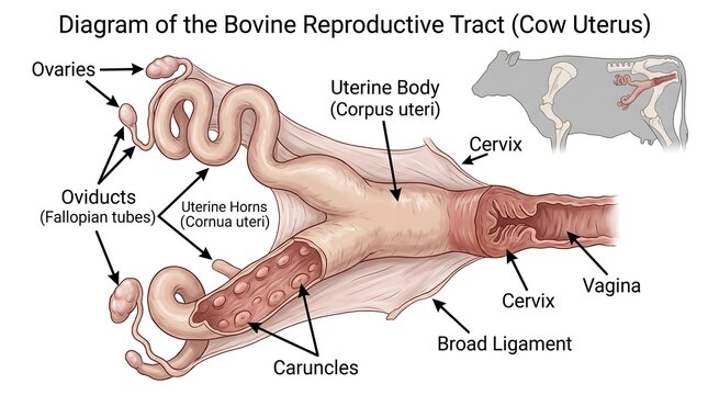 Educational anatomical diagram of bovine reproductive tract cow organ showing uterine body horns ovaries and fallopian tubes