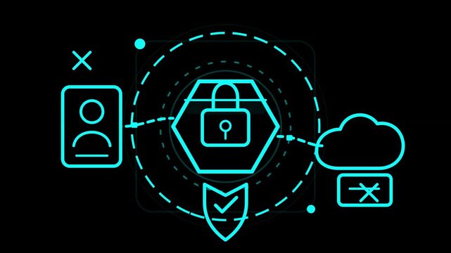 Glowing neon blue digital security icon concept with user profile cloud storage and padlock shield representing cyber protection and data privacy