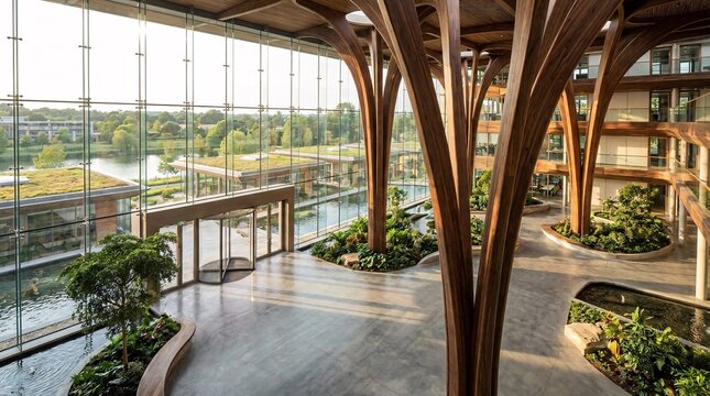 Expansive corporate atrium featuring tree-like mass timber columns and biophilic indoor landscaping overlooking a sustainable green roof business complex
