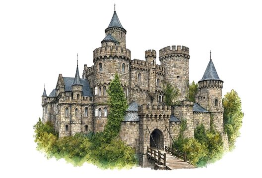 Watercolor illustration of a grand stone castle with towers and a drawbridge