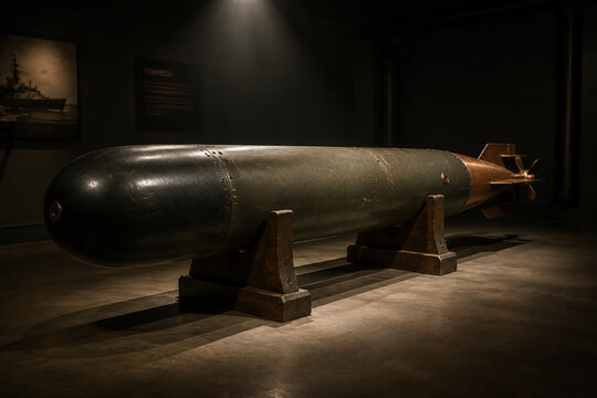 Decommissioned naval torpedo on wooden display cradles in museum, naval history concept