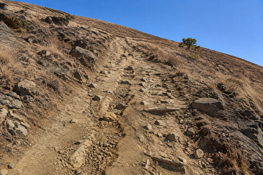 Steep unpaved trail on dry rocky hillside with ruts and exposed roots, arduous hiking path concept