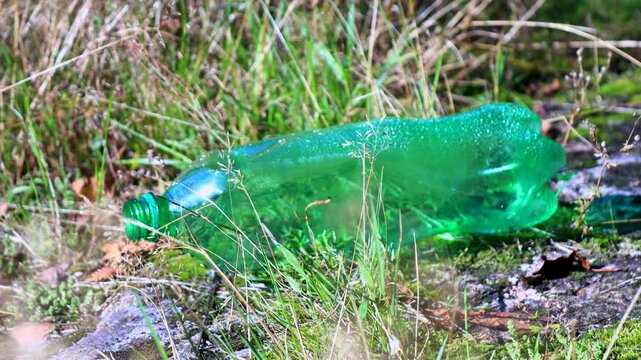 A green bottle sits atop a lush green field, waiting to be discovered
