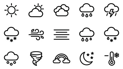 Naklejka premium Weather forecast and meteorological condition line icon set displaying sun clouds rain and storm symbols with forecast