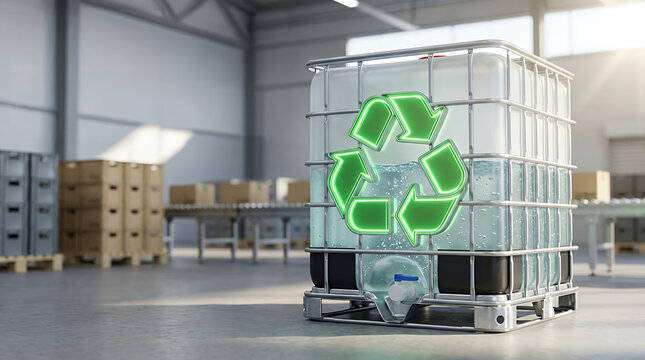 3D render of a conceptual environmental and industrial featuring a prominent green recycle symbol integrated with an intermediate bulk container representing sustainable practices in logistics waste