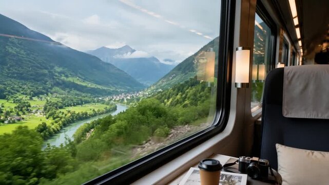 View from a train window showing a scenic mountain valley with river, greenery and travel accessories, representing transportation, tourism, adventure and peaceful journeys.