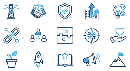 Fototapeta premium Collection of business success and leadership outline vector icons with lighthouse handshake rocket lightbulb