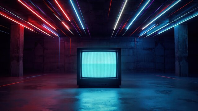 Retro television sits in a dark concrete room with vibrant blue and red neon light streaks. Perfect for synthwave, cyberpunk, and digital media concepts.