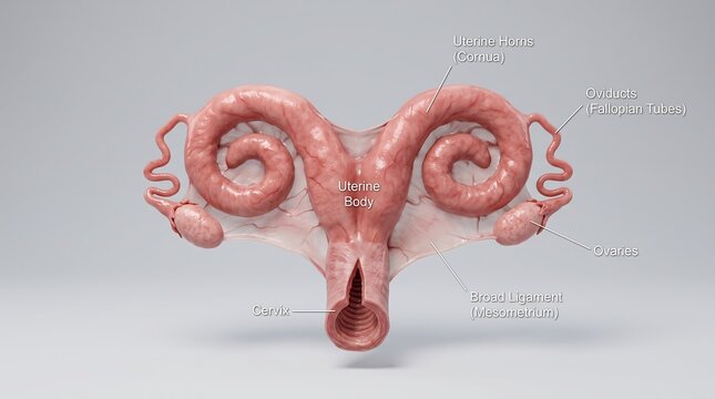 Professional medical illustration of bovine uterine anatomy cow organ featuring uterine horns ovaries and cervix for education