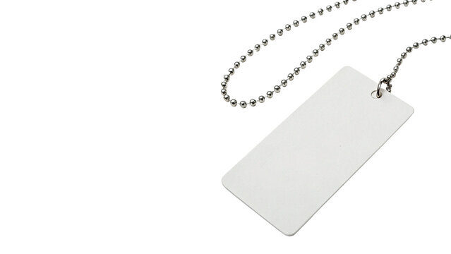 Blank white rectangular price tag label hanging on thin silver chain isolated on white
