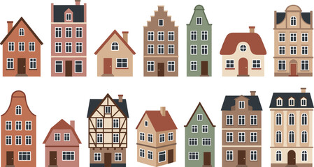 Fototapeta premium European Old Town House Icon Set with Amsterdam Architecture, Timber Framed Buildings, Traditional Dutch Facades, and Vintage City Street Vector Illustrations