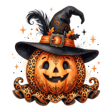 Cute Halloween Pumpkin Wearing Witch Hat Isolated Illustration