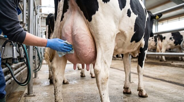 Professional farmer cleaning cow organ udder with blue gloves in modern dairy farm milking parlor environment before milking process begins