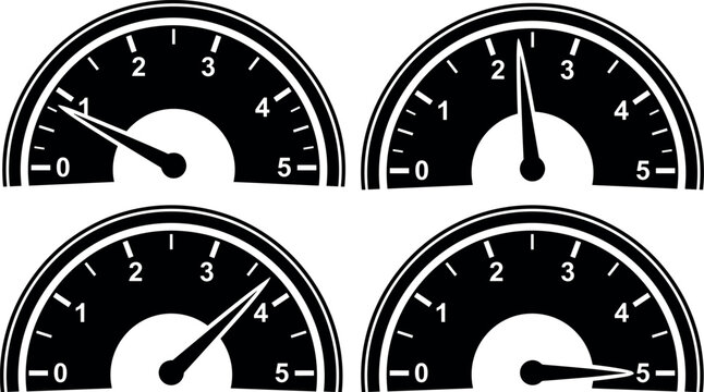 Black and white tachometer or speed gauge vector icons set with different levels