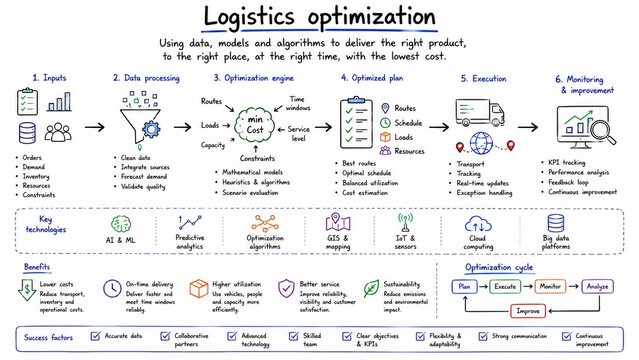 Logistics Optimization Infographic with AI, Route Planning, Predictive Analytics, Tracking, Cost Reduction and Continuous Improvement