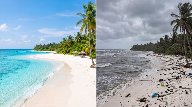 Tropical vacation expectations versus reality. Paradise beach and plastic pollution