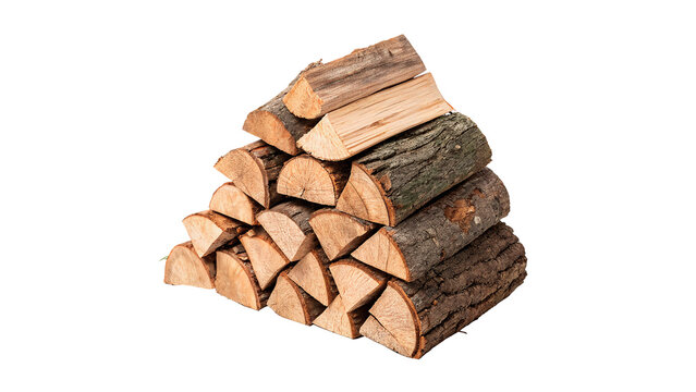 Stack pile of chopped natural wooden firewood logs forestry material isolated on white background