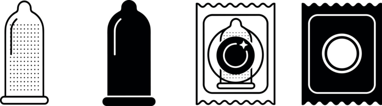 Set of linear and solid condom and foil wrapper package icons for safe sex and contraception