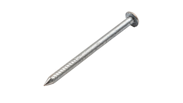 Sharp silver metallic steel nail single piece hardware fastener isolated on white background