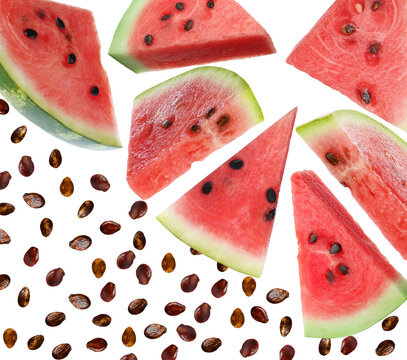 Watermelon slices and seeds falling on white background