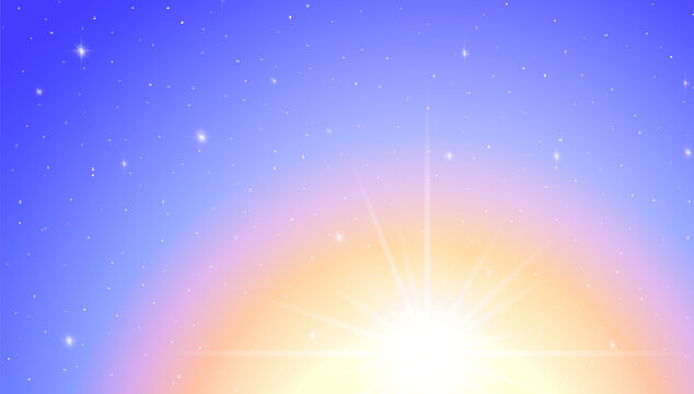 Pastel blue sky background with rising sunburst arc glow and scattered star sparkles