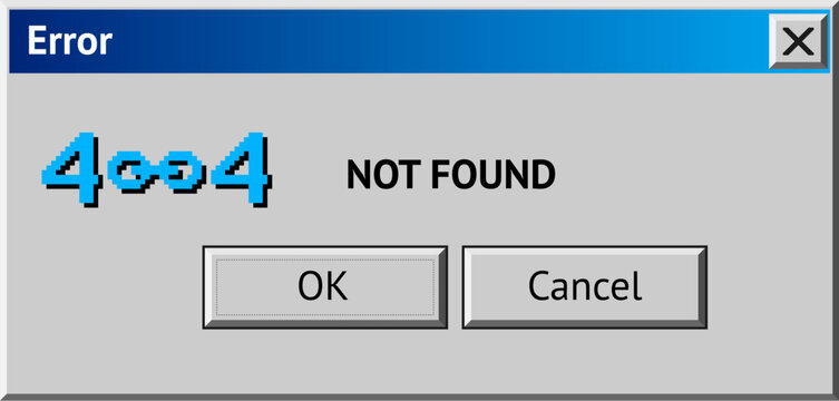 Retro computer error message popup with 404 not found glitch text and pixel icon