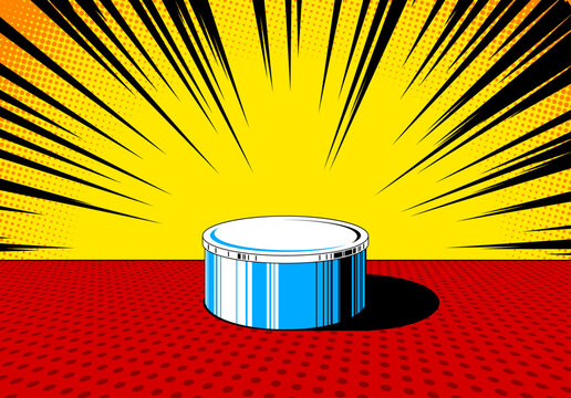 Round pedestal display with yellow radial burst and red floor for product mockup