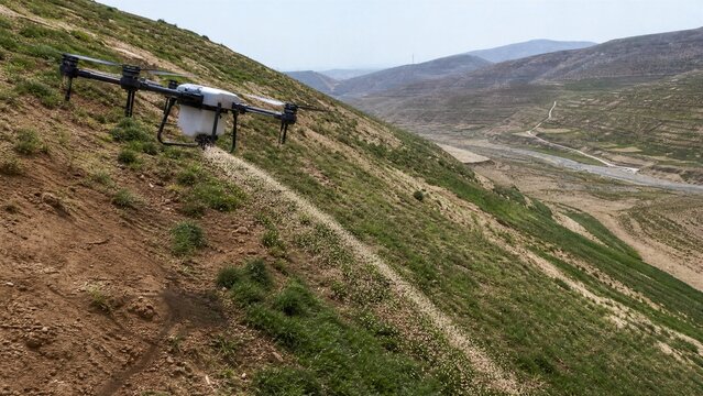 Drone spraying on a hillside