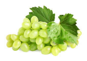 Fototapeta premium Bunch of fresh ripe grapes with green leaves isolated on white