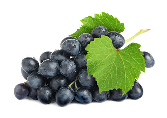 Fototapeta premium Bunch of fresh ripe grapes with green leaves isolated on white