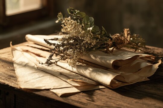 Vintage still life of old parchment and dried flowers on a rustic wooden desk under warm light