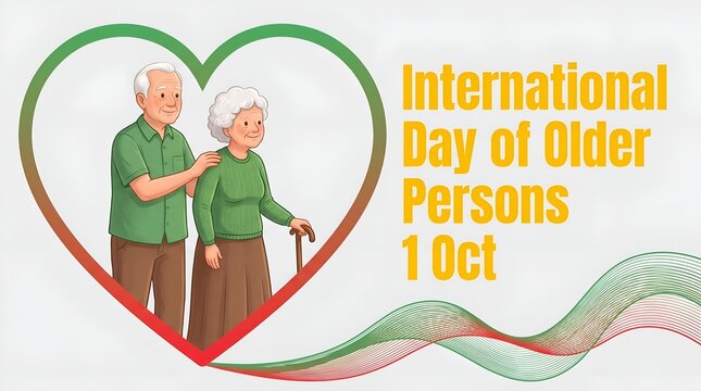 International day of older persons greeting with illustration of an elderly couple in a heart shape, retirement