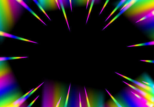 Neon rainbow radial burst lines radiating outward from a dark empty center point