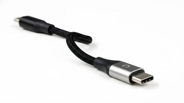 A high quality black braided usb type c cable connector isolated on a clean white background for modern digital technology electronic devices