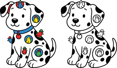 Obraz premium Cartoon Coloring Pages Dalmatian Puppy with Birds activity sheet Color and Line art