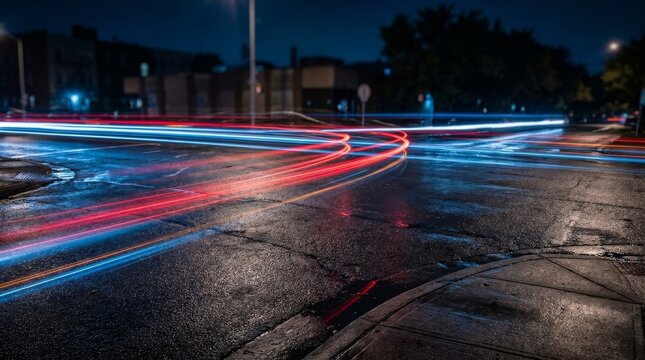 Dynamic Long Exposure of Red and Blue Car Light Trails Across a Wet City Intersection at Night with Urban Buildings