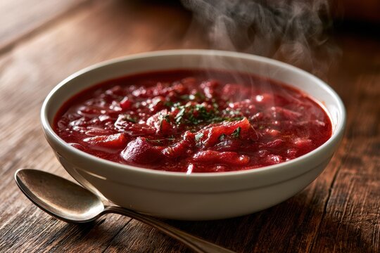 Warm, inviting red soup scene with natural light on a wooden table