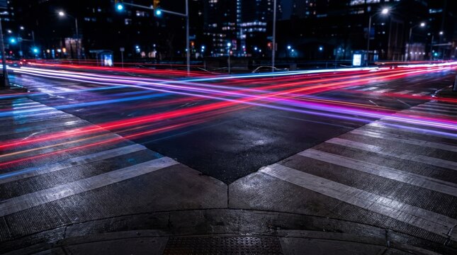 Long exposure of red and blue light trails at an urban city intersection with crosswalks