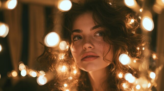 Warm lighting and gentle bokeh capture a contemplative moment with a glowing garland
