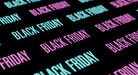 Obraz premium Black friday text in a repeating seamless pattern illuminated by glowing neon lights on a black background