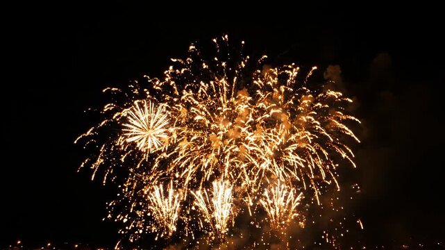 Golden Burst of Celebration: A spectacular display of fireworks illuminates the night sky with dazzling golden streaks, creating a festive and awe-inspiring atmosphere.