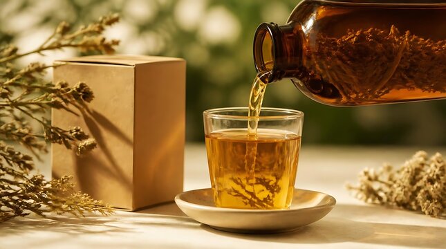 Herbal infusion being poured from a glass bottle into a small cup with dried herbs and a cardboard box.