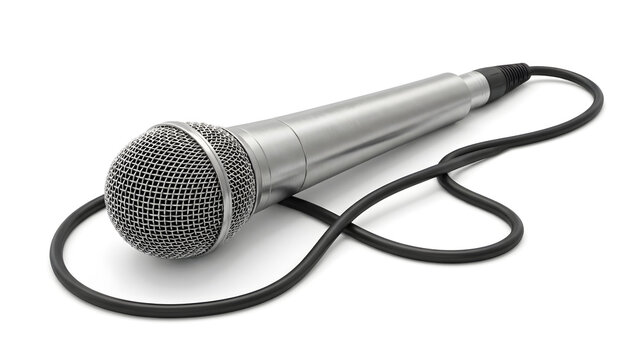 A professional silver dynamic vocal microphone with a black audio cable lying on a clean white background for music and recording concepts