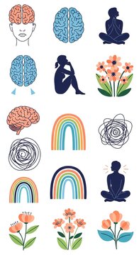 Set of mental health and wellness icons featuring human silhouettes, brains, rainbows, and flowers in a flat modern illustrative style