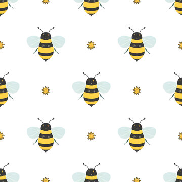 Seamless pattern with cute watercolor bumblebees on white background