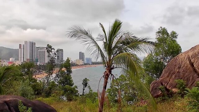 Scenic view of Quy Nhon, Vietnam, from Ghenh Rang Park. Palm trees and coastal rocks in the foreground, with the sea and Quy Nhon city skyline beyond. Cloudy sky and tropical coastal scenery create a 