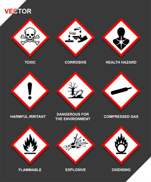 GHS Hazard Pictograms and CLP Chemical Warning Safety Signs Icon Set. Standard Chemical Hazard Warning Symbols Vector Icon Set with Red Diamond GHS CLP Safety Labels