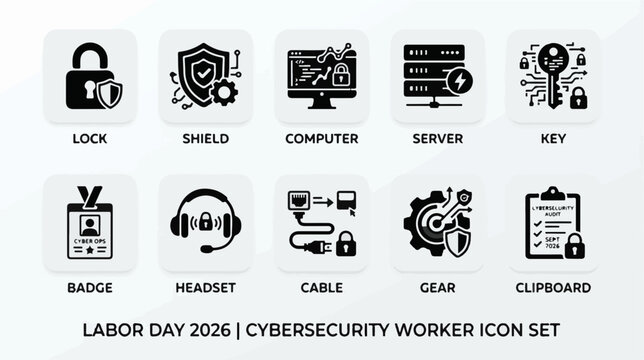 Cybersecurity Worker vector icon set featuring digital technology and IT workplace concepts for clear visual communication for websites mobile apps branding infographics presentations and print design