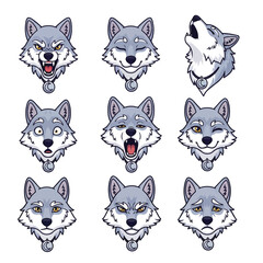 Fototapeta premium Cute cartoon wolf heads showing diverse facial expressions and moods